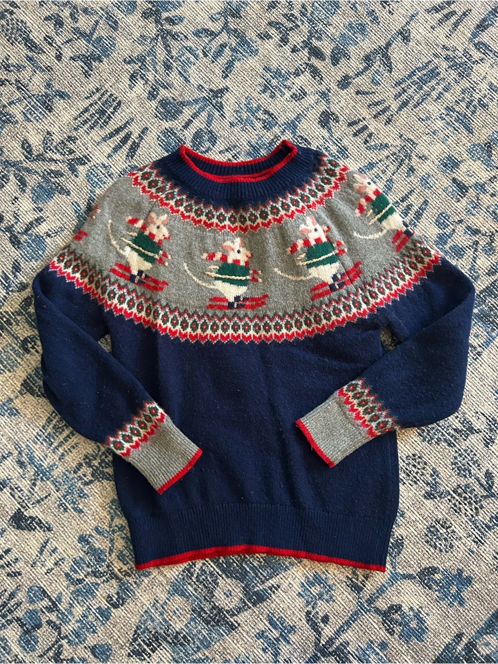 Mini Boden Boys Ski Fair Isle Sweater 6-7Y Navy Gray Red Nordic Knit Holiday